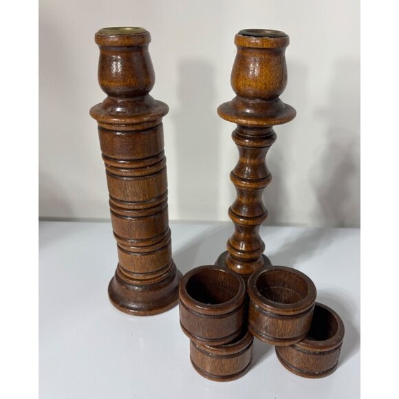 Vtg‎ Wooden Candlestick Holders & 8 Napkin Rings Built In Set Unique - Picture 1 of 8